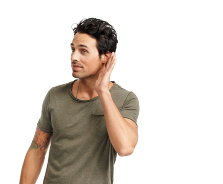 A handsome young man cupping his hand behind his ear to hear better Isolated on a PNG background.