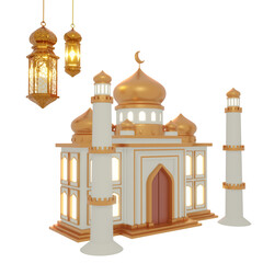 3D rendering of Islamic lanterns and buildings