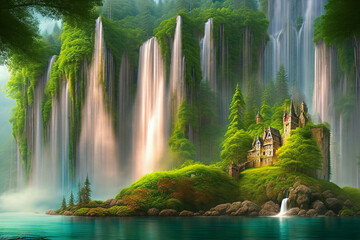 A medieval European-style castle nestled in a forest with large, ancient trees by a crystal clear green lake, with a waterfall cascading down from the mountain into the lake