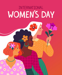 International Women's Day greeting card concept. Vector cartoon illustration in a modern flat style of three diverse women in profile with flowers. Isolated on bright magenta background