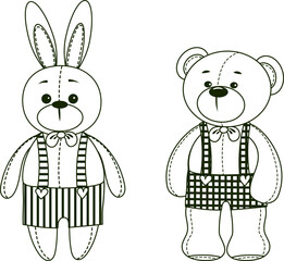 Vector hand-drawn illustration of cute teddy bears and a rabbit. Clipart for Valentine's day, birthday, Christmas, holiday. Doodle.