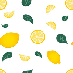 Lemon pattern on white background. Cartoon tropical illustration. Vector background, wallpaper, backdrop. Bright seamless pattern. Plant floral design.