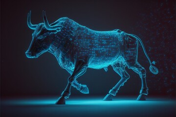 Neon digital bull glowing in the dark created with generative AI technology. High quality illustration