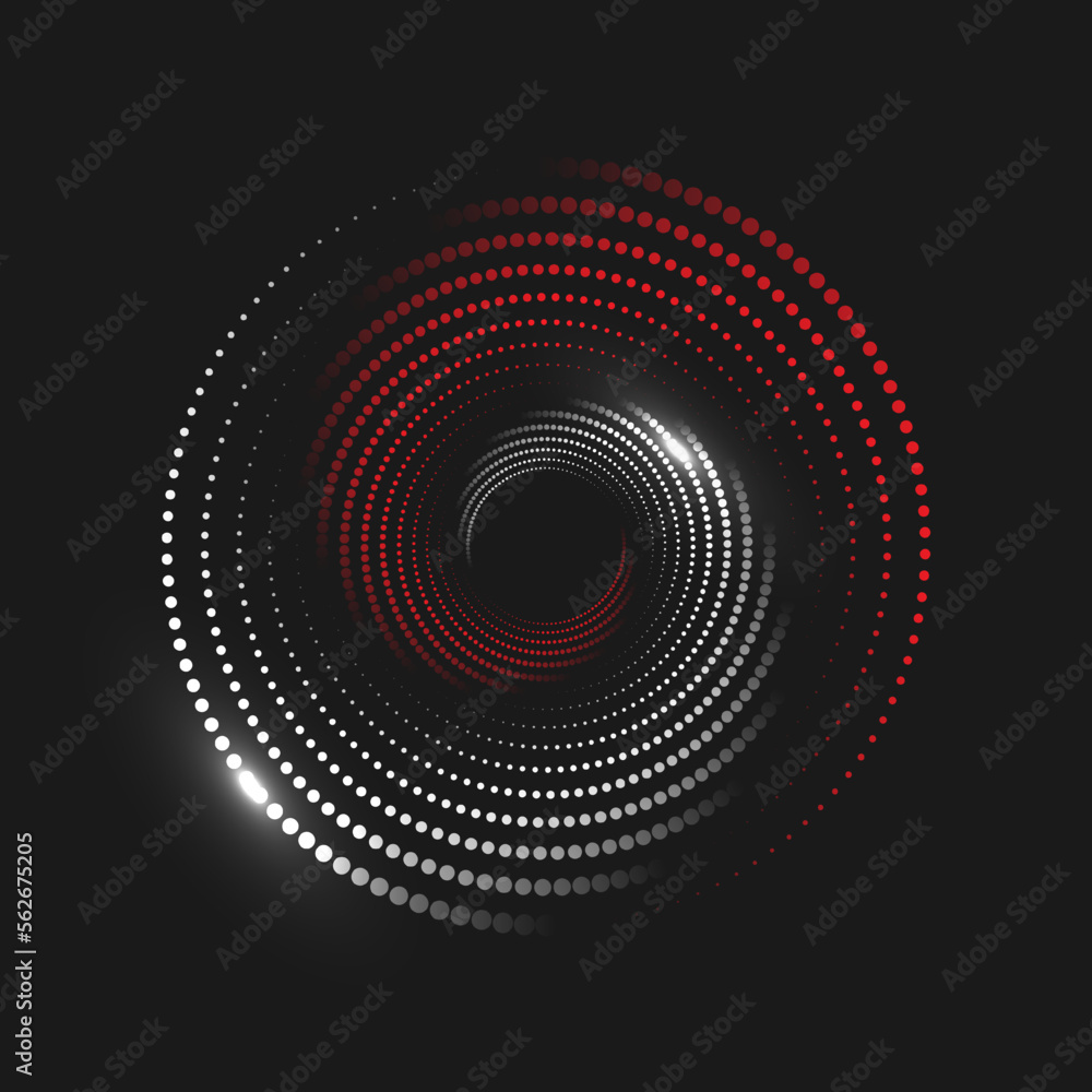 Poster a white and red circle of dotted halftones with highlights on the black background. abstract design 