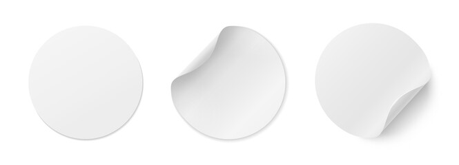 A set of three stickers with curved edges on a white background. Round, paper sheets for notes. Empty labels. Vector illustration