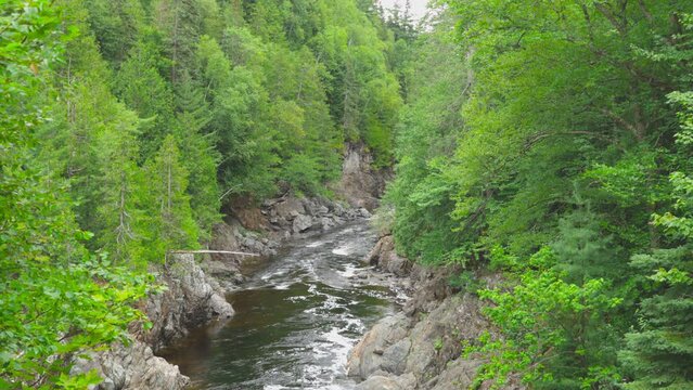 Tighter shot of the Batchawana river flowing through the rocky forest of Ontario on it's way to Lake Superior.  Leaves are fluttering in the wind. Shot in 4K