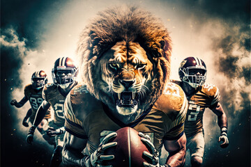 Lion like an american football player, ilustration, fictional character, generative ai