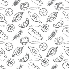 PrintHand drawn seamless pattern of bread and bakery products. Baked goods background. Vector