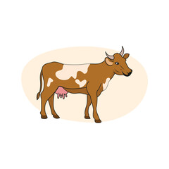 Adult female cow with white spots on brown. Vector illustration.