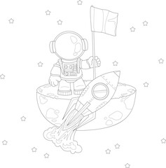 Cartoon spaceman character on asteroid with spaceship sketch template. Astronaut vector illustartion in black and white for games, background, decor. Coloring paper, page, book