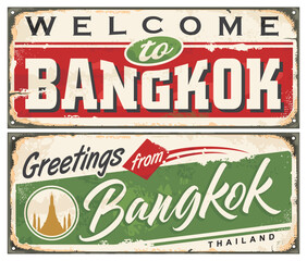 Bangkok Thailand souvenir sign template. Greetings from Bangkok creative card design with lettering on old metal background. Vector travel illustration.