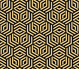 Abstract geometric pattern with stripes, lines. Seamless vector background. Gold and black ornament. Simple lattice graphic design