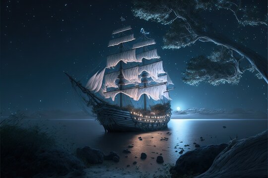 fantasy , white work embroidered old frigate in the moonlight, Generative AI