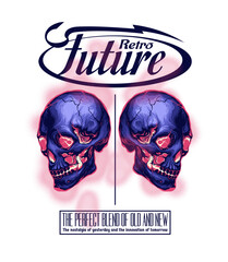 Retro futuristic skull illustration in vibrant colors for t shirt and poster designs with slogans capturing the nostalgia of yesterday and the innovation of tomorrow - obrazy, fototapety, plakaty