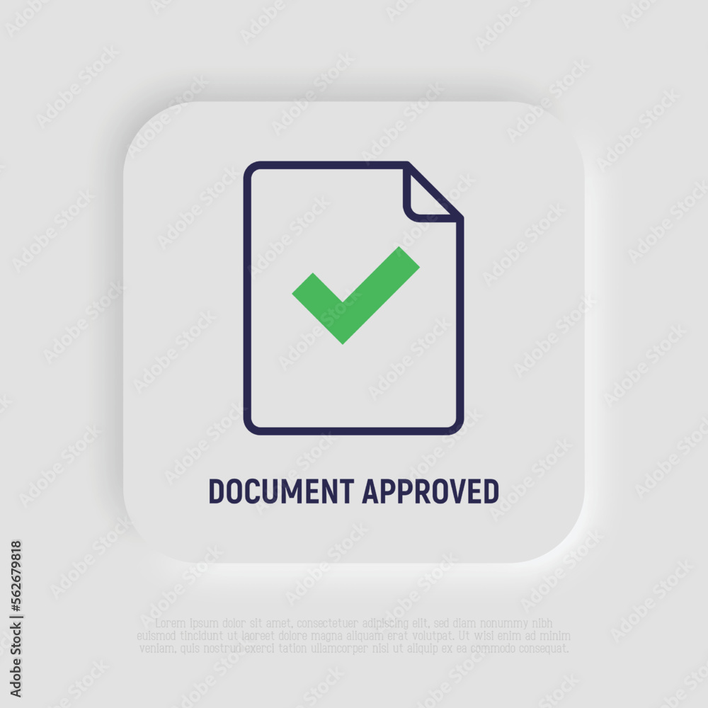 Aufkleber document approved thin line icon: paper sheet with check mark. modern vector illustration.
