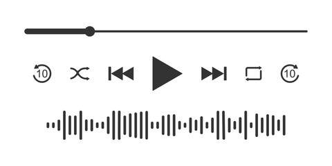 Video or music player interface with loading progress bar, equalizer wave and differet button icons. Simple mediaplayer panel template for mobile app. Vector graphic illustration © vikusha_art