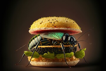 gourmet insect hamburger restaurant plate illustration generative ai