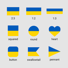 Vector collection of Ukrainian flags in different shapes and ratio. Ukraine flag high quality set