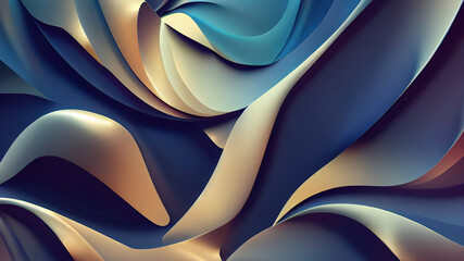Abstract wavy blue and cream wallpaper. Waves background with curvy details. 3D rendering background with bluish colors for graphic design, banner, illustration
