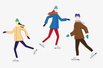 A set of people on skates, a man and two women in bright winter clothes in hats with a pompom and scarves. Flat vector illustration