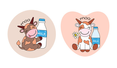 Two emblems with funny cows and bottles of milk in different colors isolated on a light background