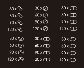 Set of icons for packaging of medicines and food supplements. Quantity indicator for pills, dragees and pearls. Black background.