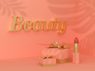 Beauty gift and lipstick on peach background. Greeting card for spa and cosmetick. 3d render.