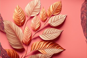 Pattern of dry orange metallic leaves on pink background, ai generated
