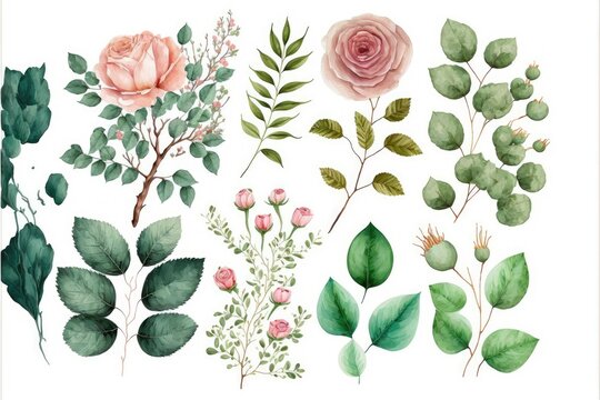 watercolor Set of floral branch. Flower pink rose, green leaves , ai generated