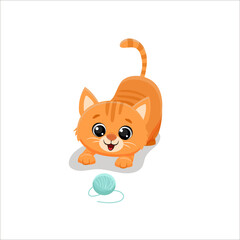 cute cartoon kitten playing with a ball of thread.Ginger cat isolated on white background.Vector illustration