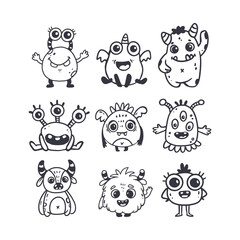 Set of cute cartoon monsters.Funny characters on white background.Icon monster.Doodle style.Alien.Vector line
