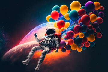 Fototapeta premium Spaceman flying with colorful balloons. ilustration, background, wallpaper, generative ai 