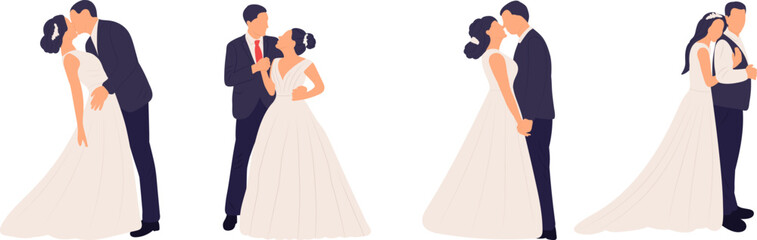 set of bride and groom in flat style, isolated vector