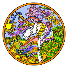 Unicorn and flowers ornamental color round vector illustration