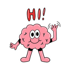 Brain emotion vector cartoon character cute face friendly wave hand hello cheerful hi greeting isolated on white background