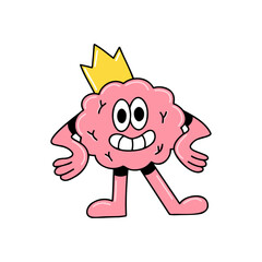 Brain emotion vector cartoon character cute face confident pose funky king golden crown vip self esteem isolated on white background