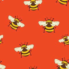 Seamless pattern with bees on color background. Small wasp. Vector illustration. Adorable cartoon character. Template design for invitation, cards, textile, fabric. Doodle style