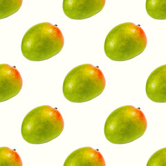 Green and red mango fruit repeat seamless pattern on white background.