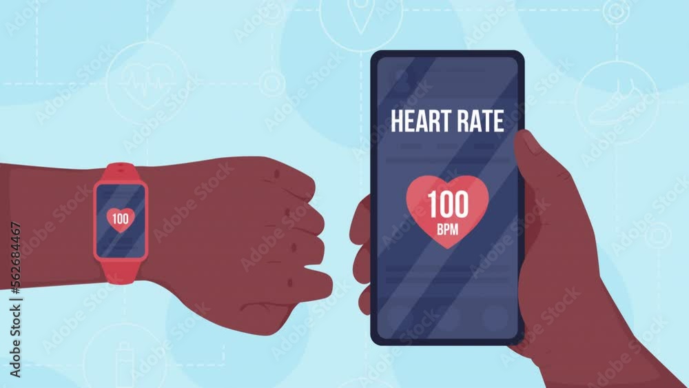 Poster animated syncing monitoring tracker. bracelet with smartphone. heart rate data. looped flat color 2d