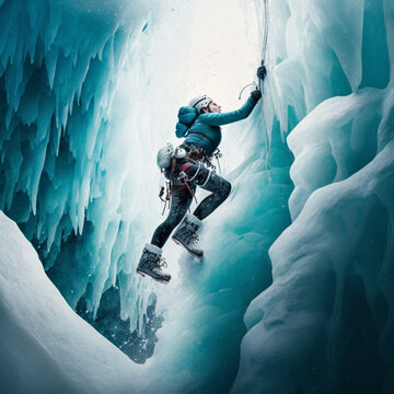 Climber woman climbing on the ice. Generative AI.