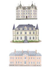 Beautiful big  old Castles, houses and  mansions. Hand drawn digital illustrations