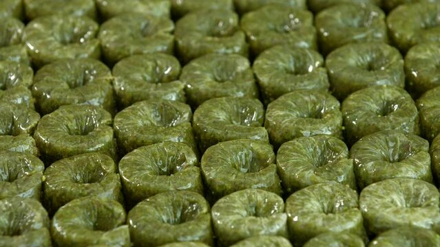 Traditional turkish baklava pistachio pastry. Dilberdudagi, ozel kesim baklava, cikolatali baklava, fistikli baklava, katmer, fistikli kadayif, kattafi, fistik sarma, soguk baklava, midye baklava, cev