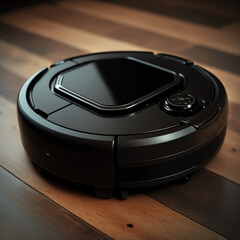 Robot vacuum cleaner cleaning a wood laminate. Generative AI.