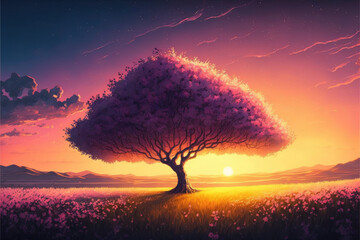 Naklejka na ściany i meble The cherry blossom tree stood tall against the orange and pink hues of the setting sun