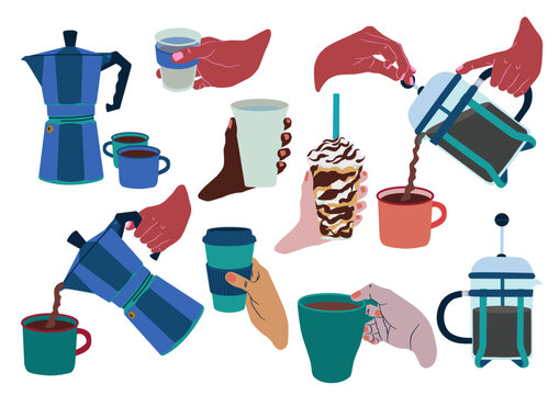 Conjunto de ilustraciones vectoriales, manos de distintos tonos de piel, ilustraciones del mundo del caf&eacute;. Mano con vaso, mano con taza, mano con caf&eacute; para llevar, mano con cafetera, etc 