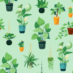 Green pattern with indoor plants. Houseplants in pots, kokedama, hanging plants. Vector colorful illustration in cartoon style. Seamless pattern for design.