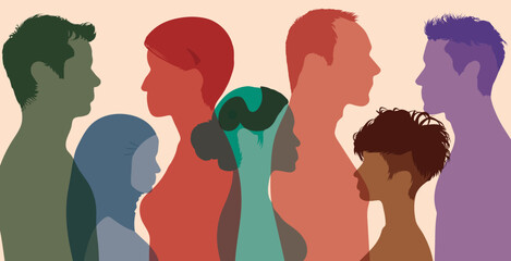 Crowd of men and women of diverse culture. Diversity of multicultural people. Flat vector illustration