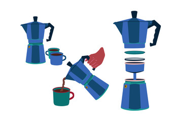 Set de ilustraciones de cafeteras. Cafetera italiana con mano sirviendo café. Cafetera italiana desmontada