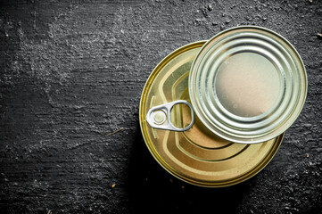 Closed tin can with canned food.