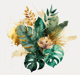 Gold green tropical leaves wedding bouquet , ai generated
